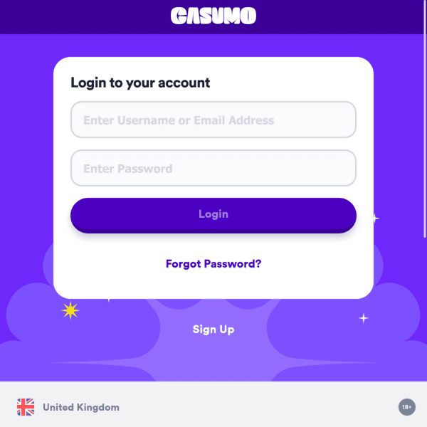 Casumo Casino login form
